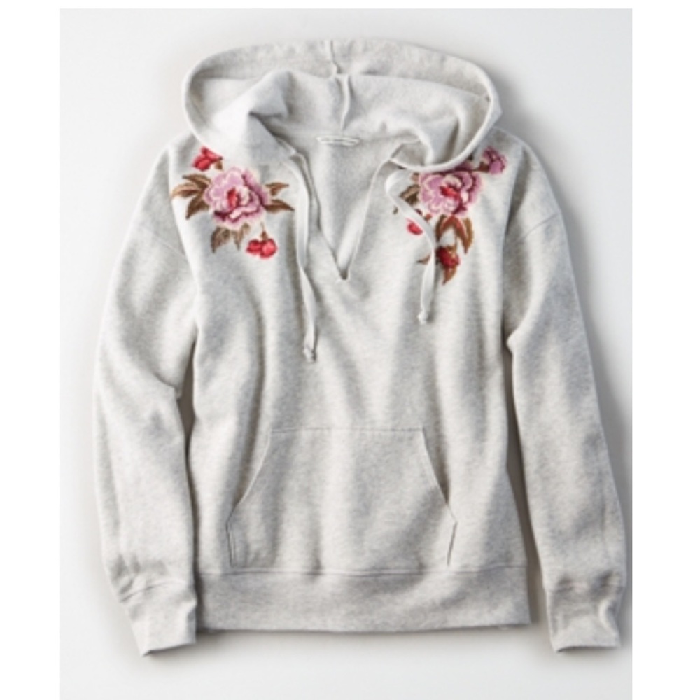 American Eagle Outfitters Gray Embroidered Hoodie